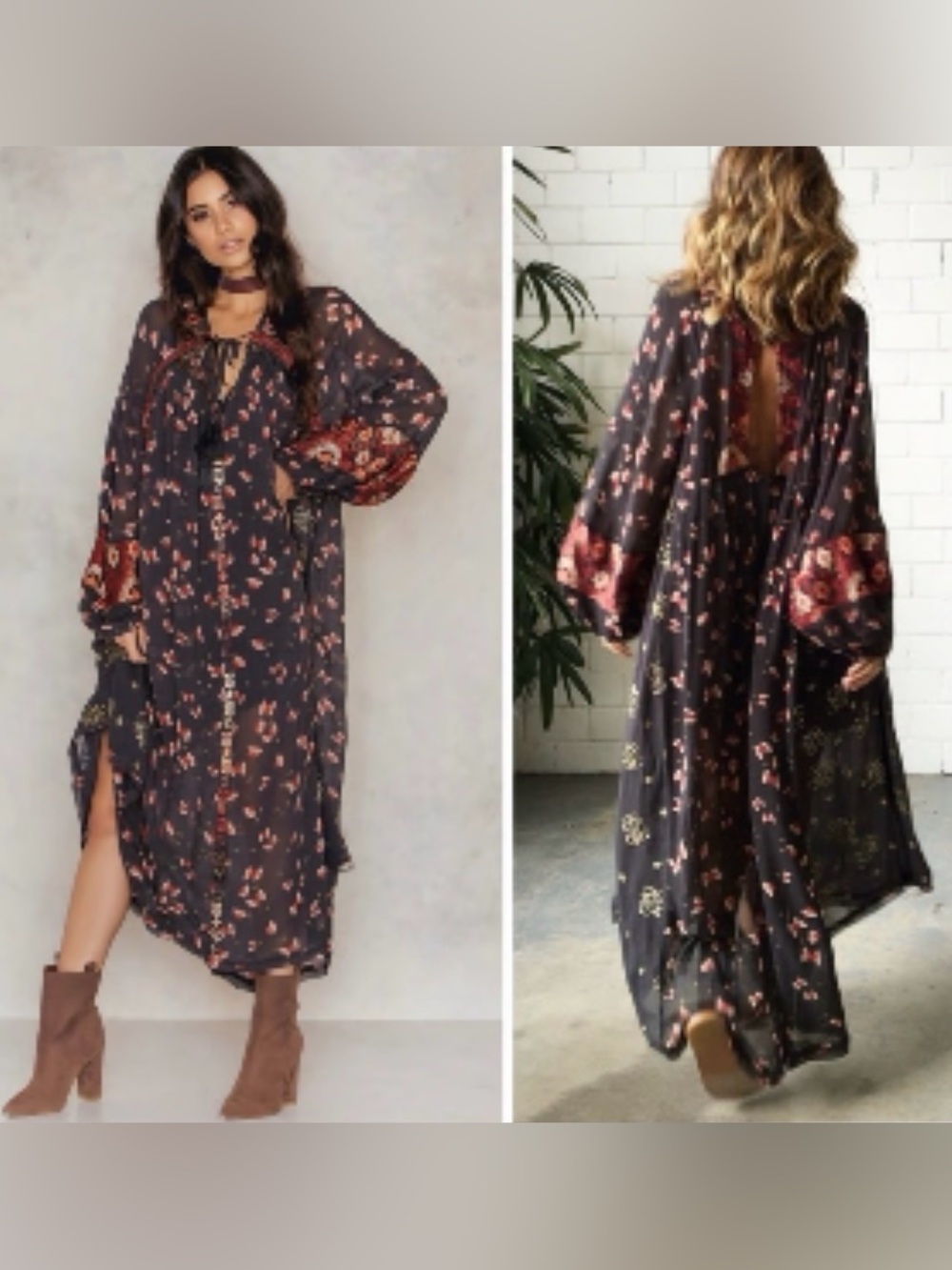 Free People Black Floral Maxi Dress with Rust & Pink Accents